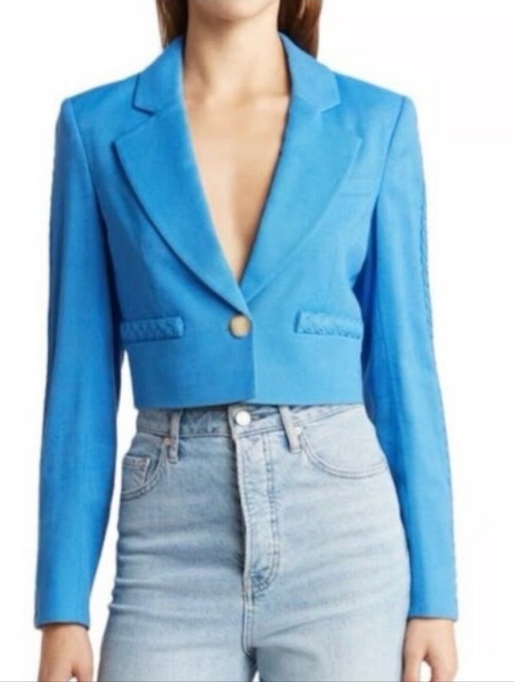 Jason Wu Linen Blend Cropped Tailored Blue Blazer Size Med Braided Details